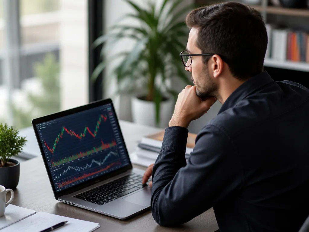 Person vid skrivbord som granskar aktieportfölj på bärbar dator med finansiella diagram i bakgrunden