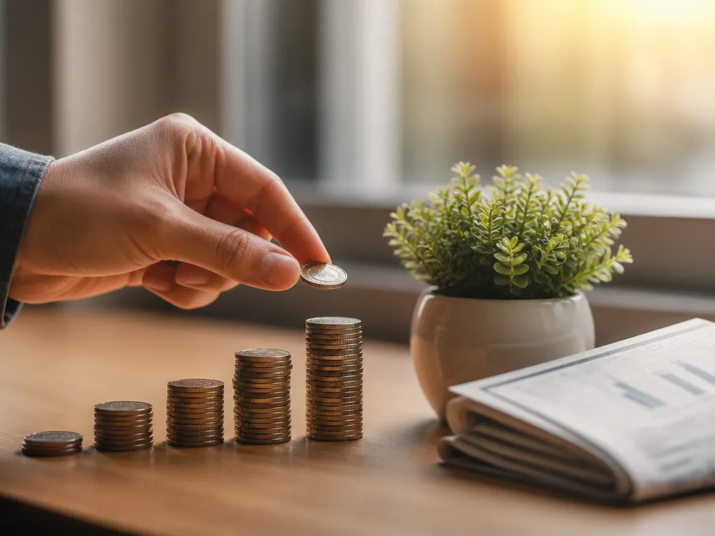 Hand som placerar ett mynt ovanpå en växande myntstapel bredvid en liten kruksväxt och en vikt finanstidning på ett träbord