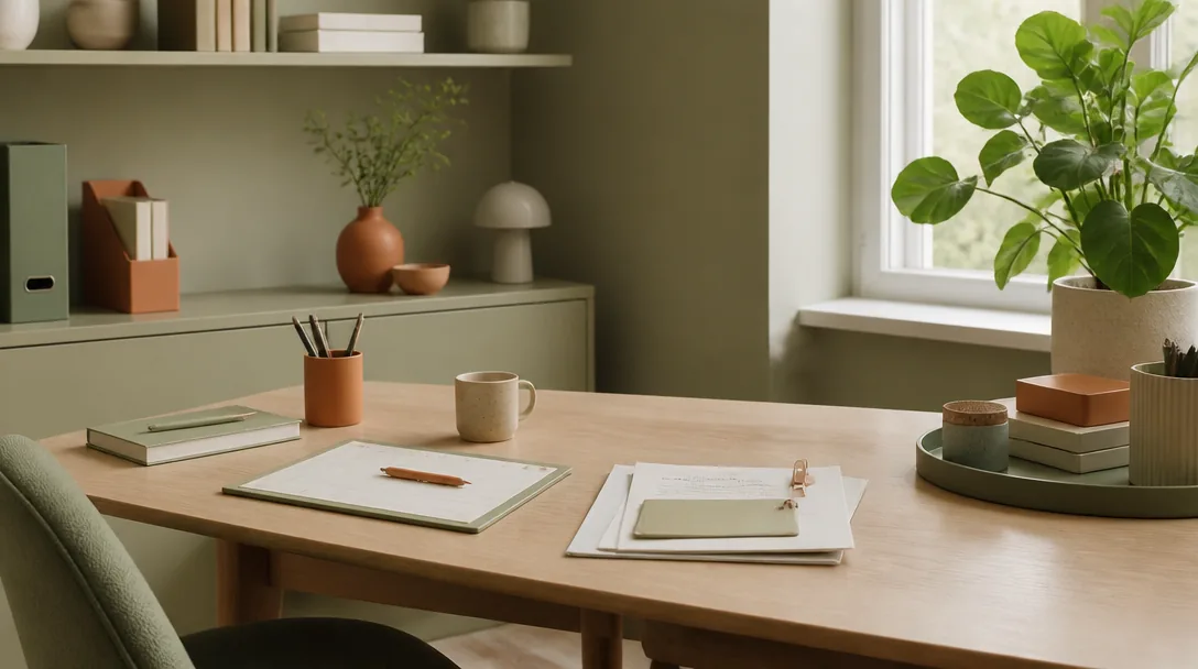 Ordnat och lugnt skrivbord med kalender och penna, symbol för att planera sin deklaration
