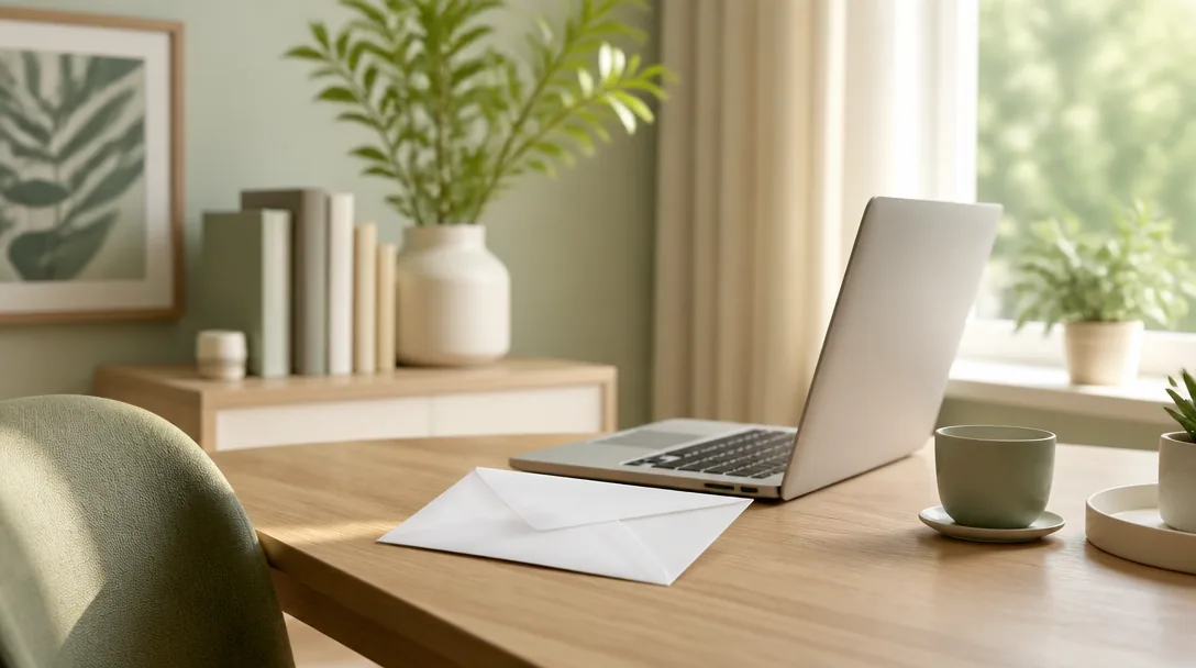 Lugnt skrivbord med ett vitt kuvert och öppen laptop i mjukt dagsljus, symbol för att deklarera