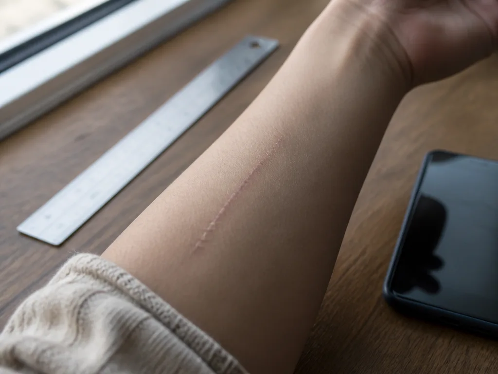 Läkt ärr på en underarm som undersöks under naturligt ljus