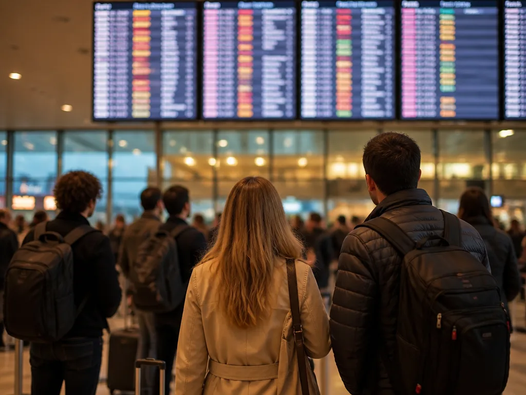 Passagerare väntar vid en gate på flygplatsen och tittar på en tavla med försenade avgångar