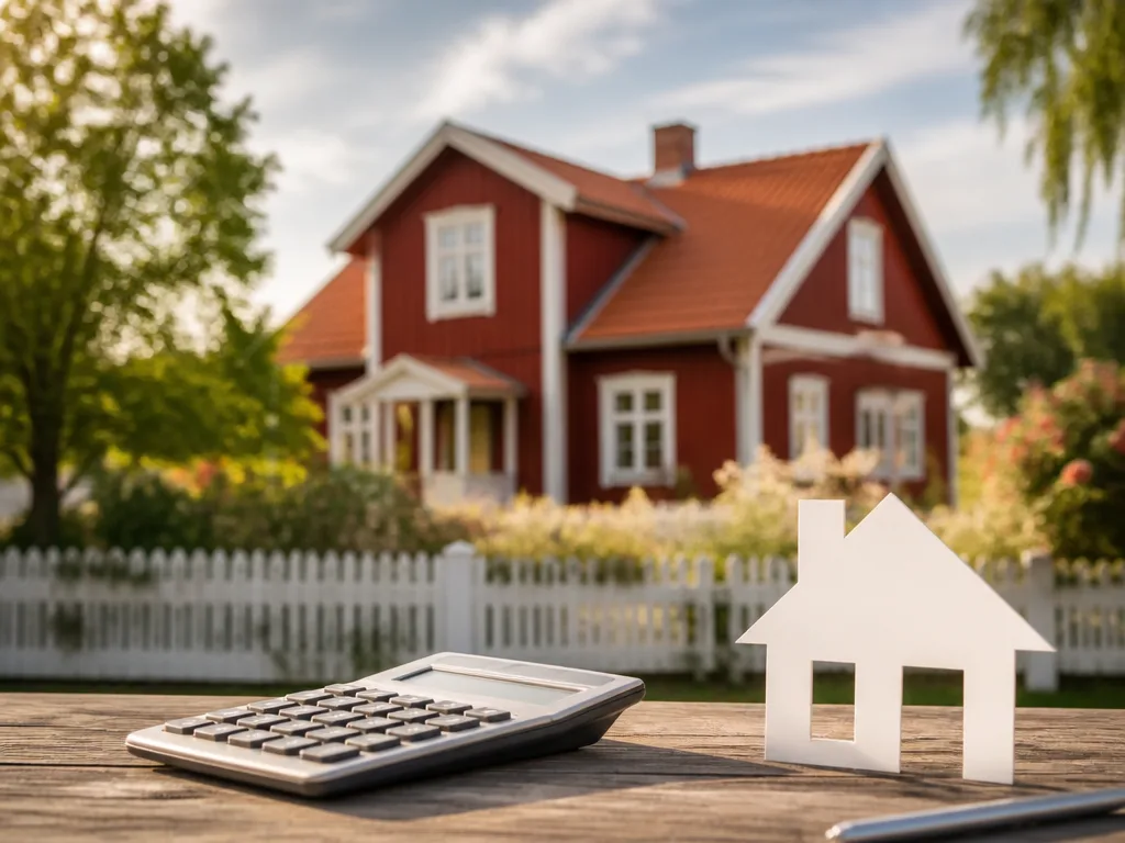 Rött svenskt villahus med vit spjälstaket och trädgård i eftermiddagsljus, en miniräknare på ett träbord i förgrunden