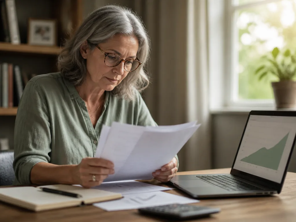 Person granskar pensionsdokument och sparande på en bärbar dator vid ett skrivbord