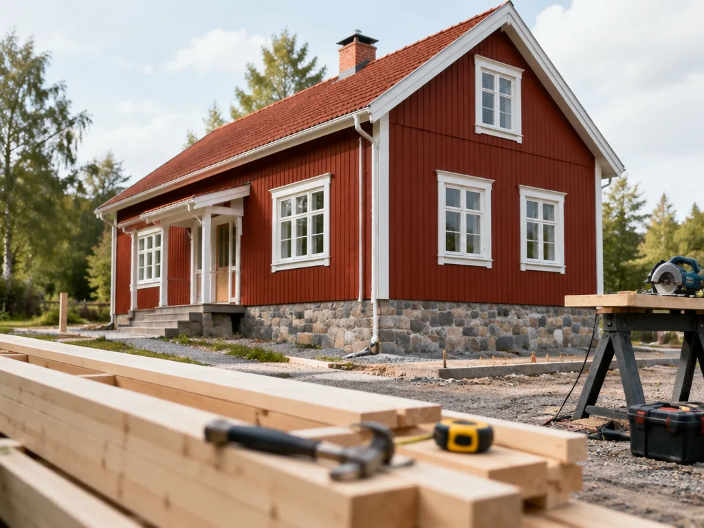 Nyuppbyggt rött trähus med vita fönster på stengrund, med virke och verktyg i förgrunden, symbol för ett hus som återställts med fullvärdesförsäkring