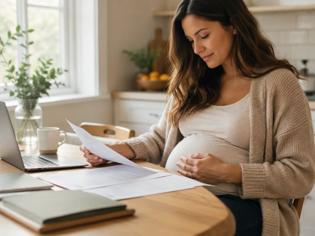 Gravid kvinna vid köksbordet läser igenom försäkringspapper med handen på magen