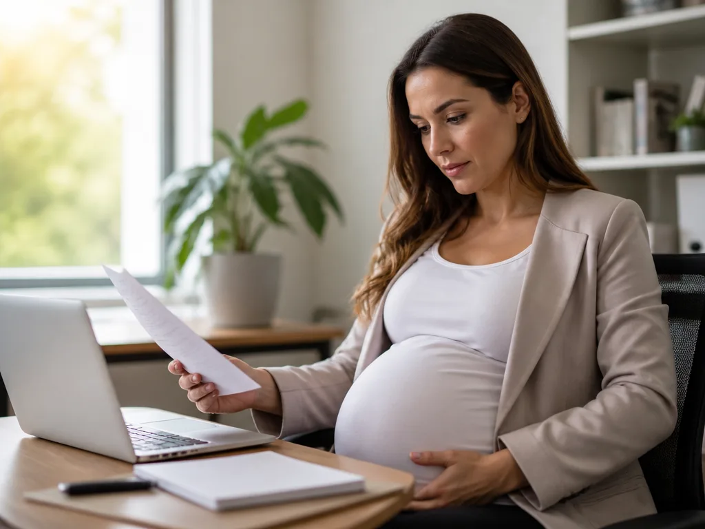 Gravid person tittar eftertänksamt på papper och dator vid ett ljust skrivbord – symbol för graviditetspenning och ansökan hos Försäkringskassan