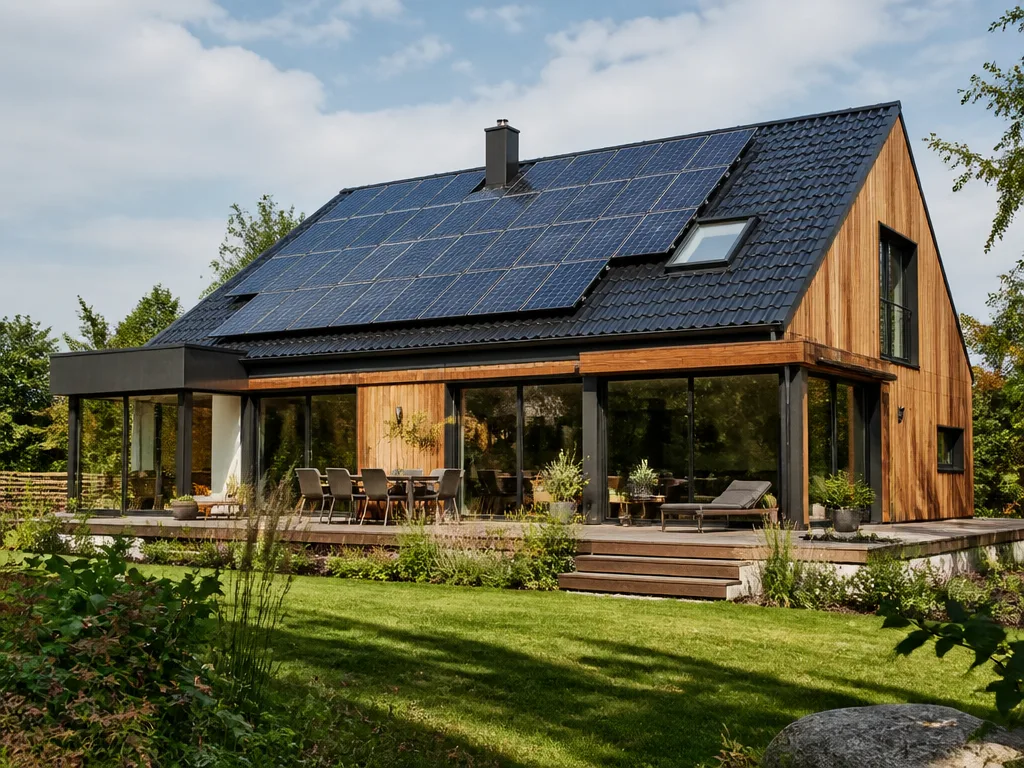 Modernt energieffektivt hus med solpaneler på taket och grön trädgård – symbolbild för grönt bolån