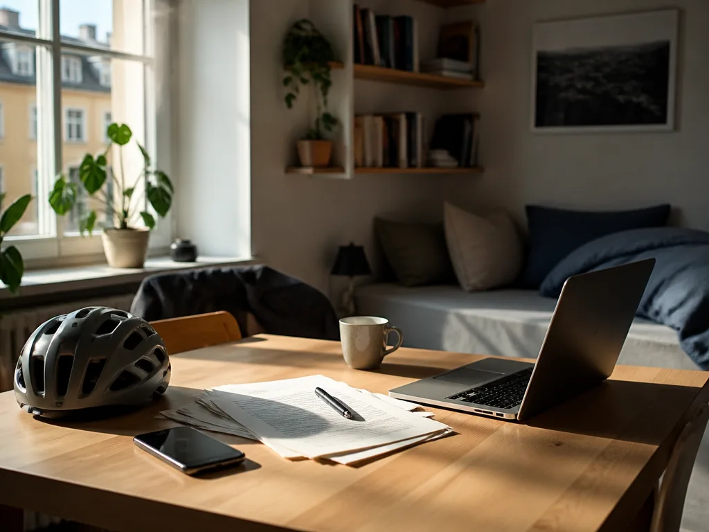 Studentrum med laptop, mobiltelefon och cykelhjälm på ett träskrivbord – symbol för hemförsäkring för studenter