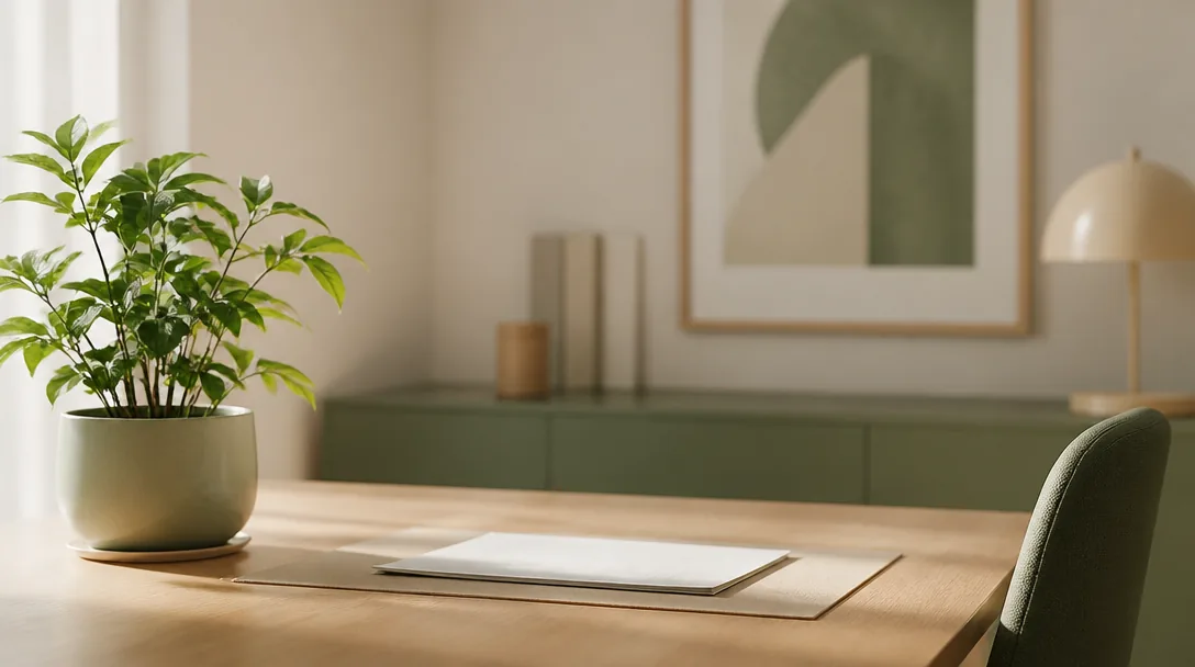 Grön krukväxt och ett dokument på ett trä-skrivbord – symbol för strukturerad och trygg ISK-planering