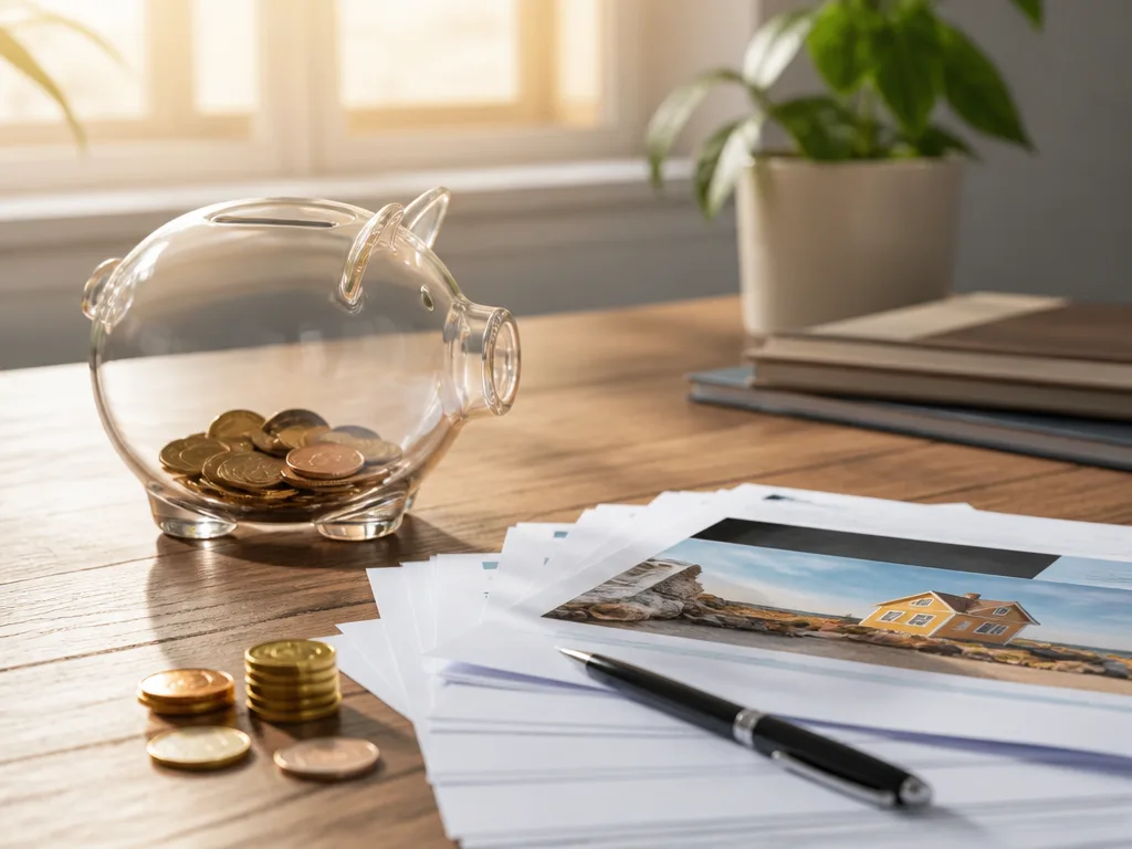 Glasspargris och finansdokument på ett träskrivbord, symbol för kapitalförsäkring och avkastningsskatt 2026