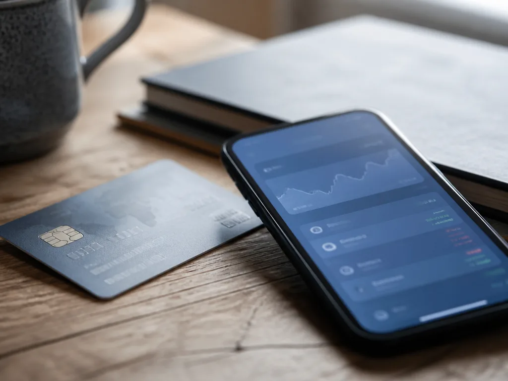 Kreditkort och smartphone med bankapp på ett skrivbord i mjukt naturligt ljus