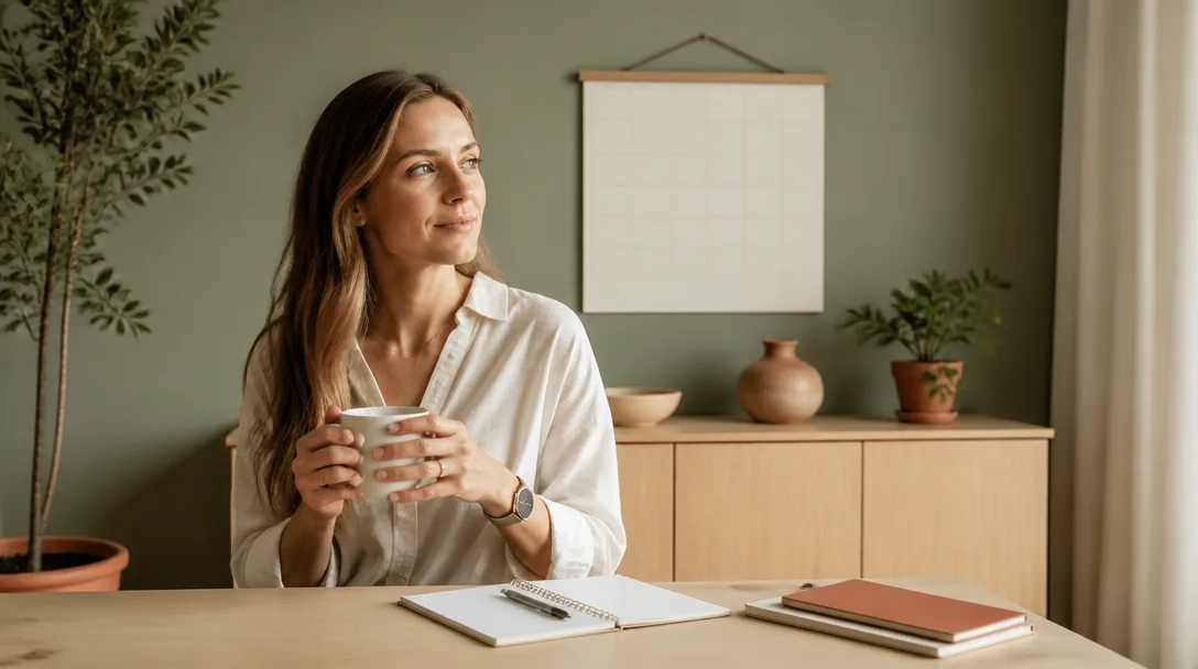 Person sitter vid ett ljust bord med kaffe och kalender, planeringsscen i varm sage-grön miljö