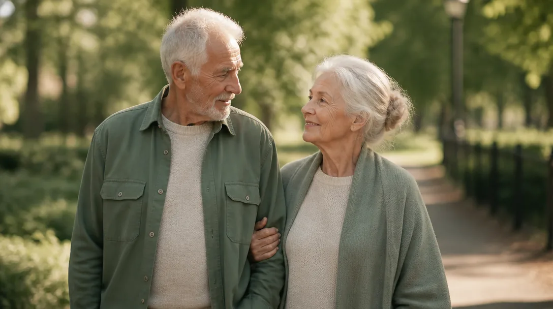 Äldre par promenerar tillsammans i en solig park, symbol för frihet och pensionsplanering