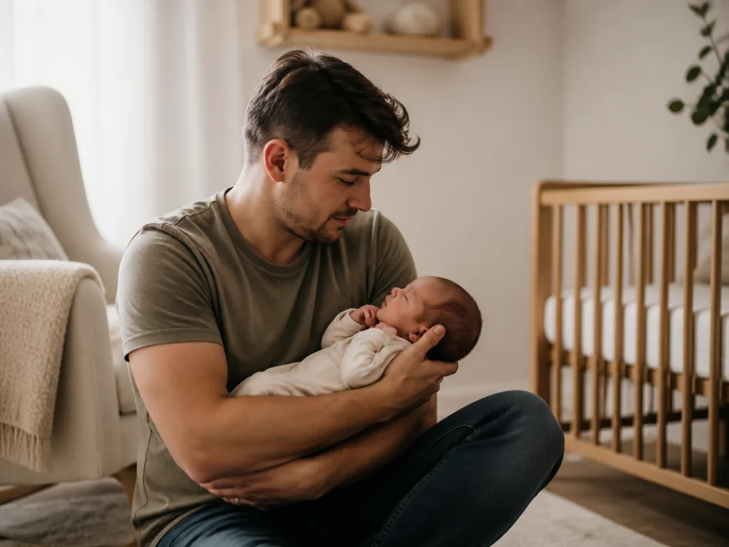 Pappa sitter på golvet hemma och håller sitt nyfödda barn i mjukt dagsljus