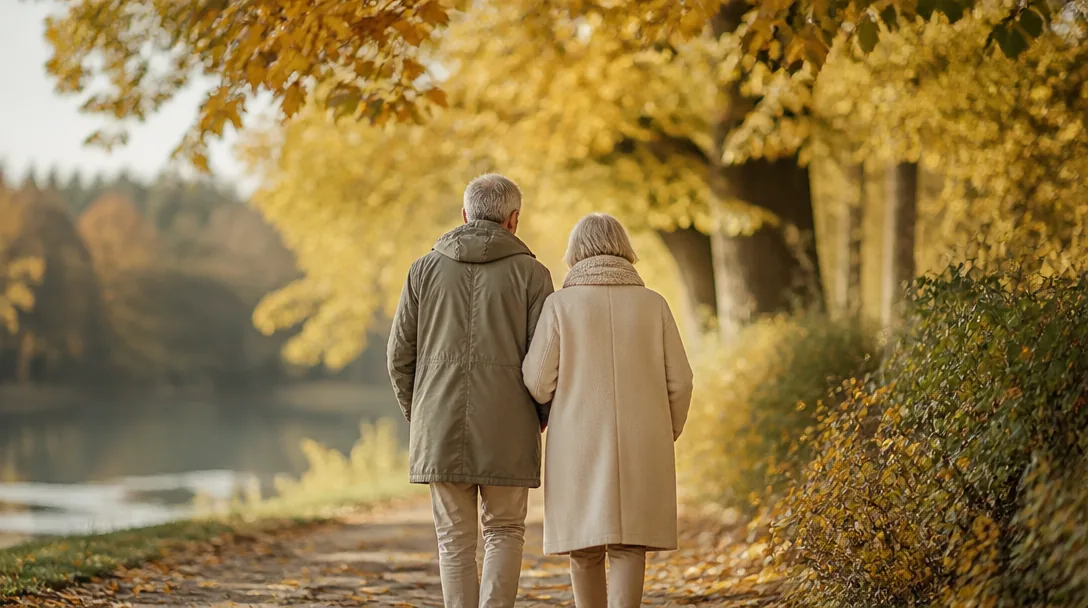 Ett par tar en lugn promenad i en höstpark, symbol för trygghet och pensionsplanering