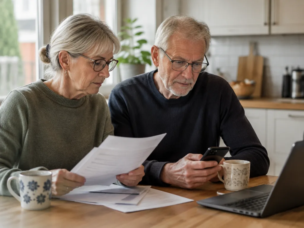 Pensionärspar vid köksbordet går igenom pensionsbesked och kollar utbetalningen i mobilen