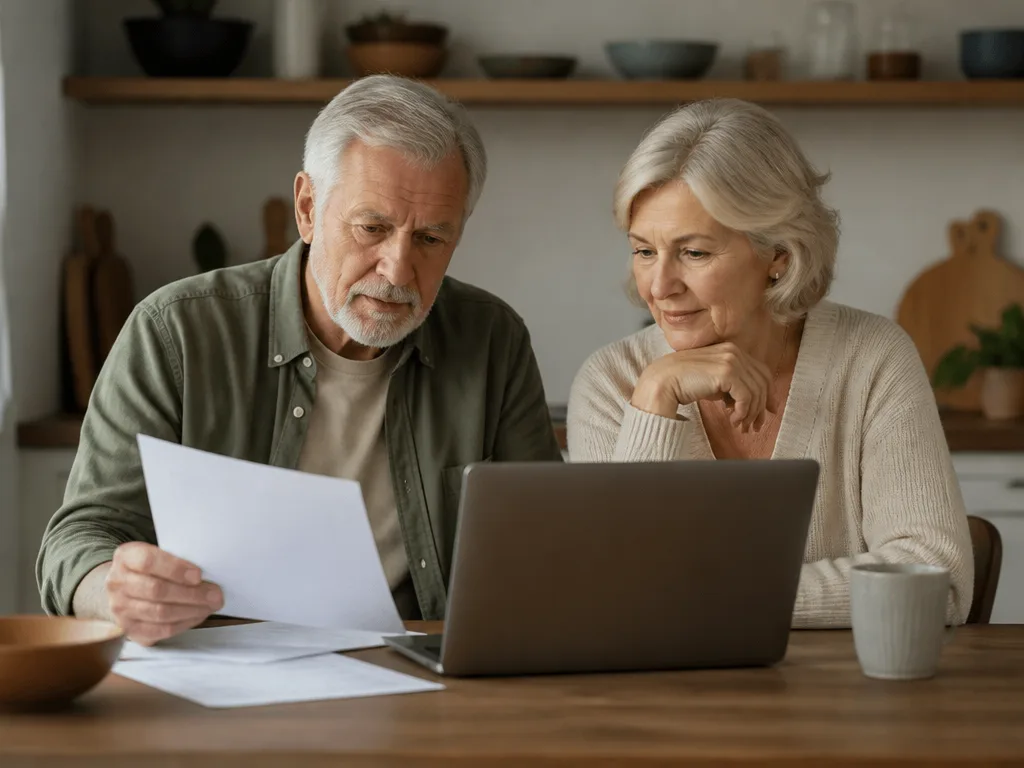 Par granskar pensionsdokument och sparande vid ett köksbord