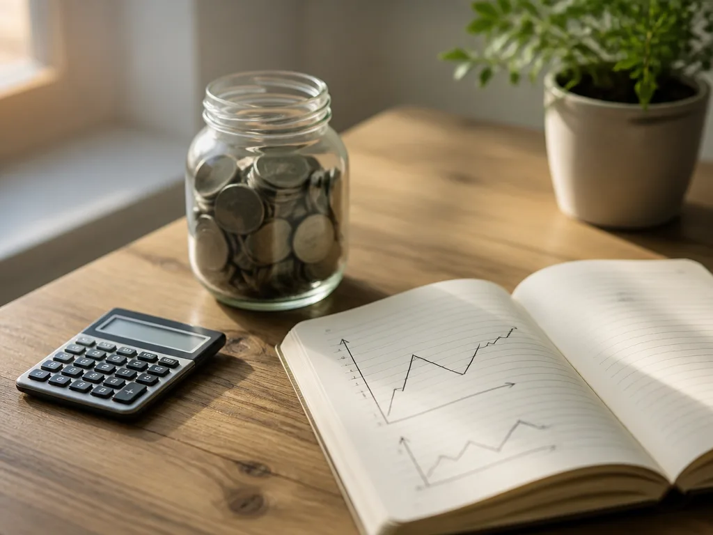 Kalkylator, glasburk med mynt och anteckningsbok med finansgrafer på ett träskrivbord