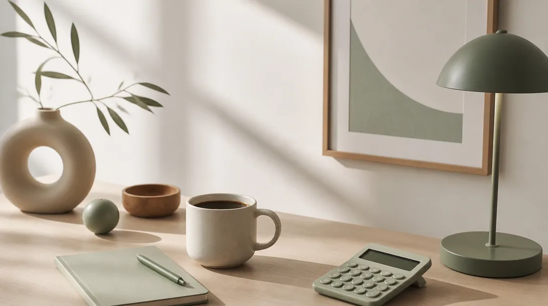 Ett lugnt skrivbord med kaffe och anteckningsblock – symbol för tålmodig och genomtänkt sparplanering