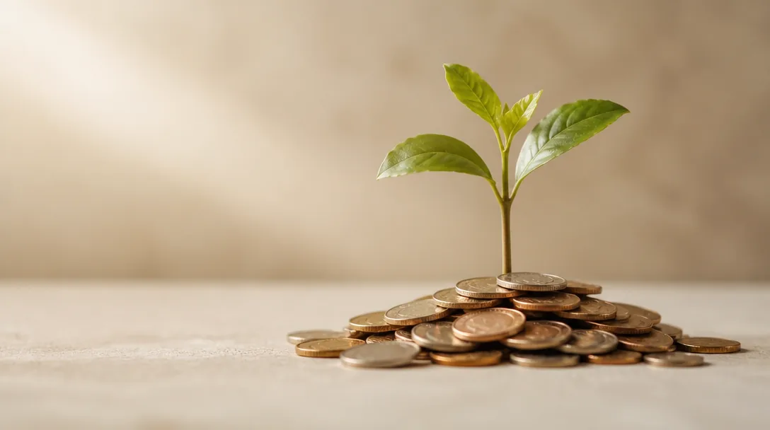 En liten planta som växer ur mynt mot en ljus krämig bakgrund – symbol för ränta på ränta-effekten och tillväxt över tid