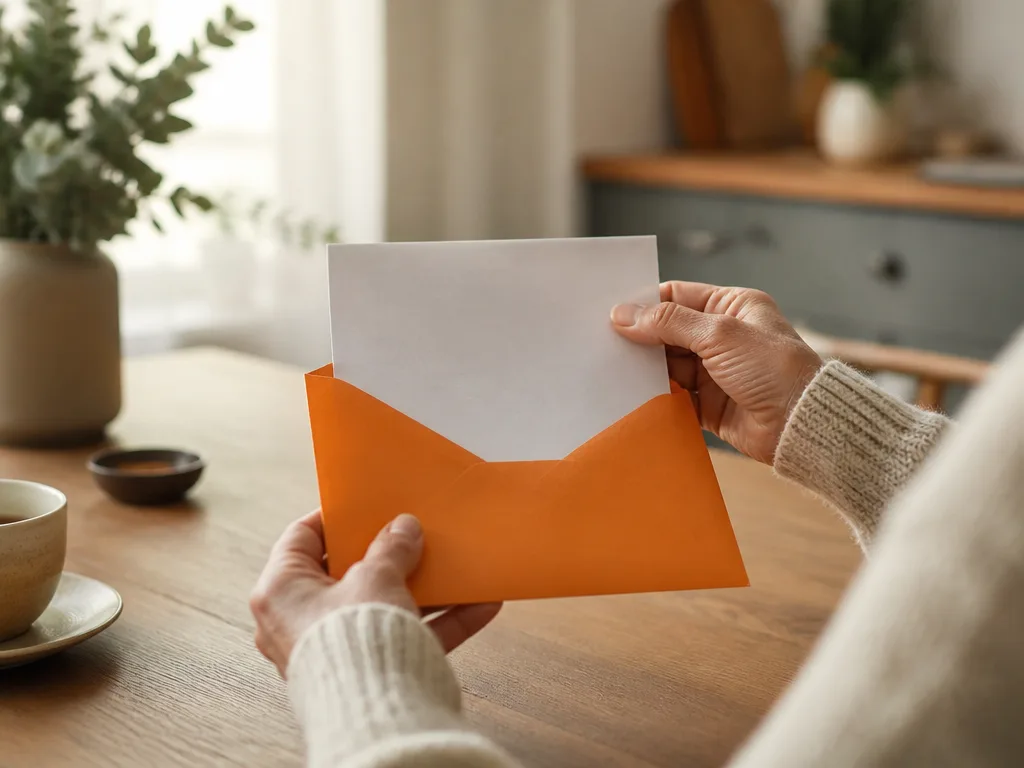 Händer som håller i ett orange kuvert med pensionsbesked vid ett köksbord i varmt ljus