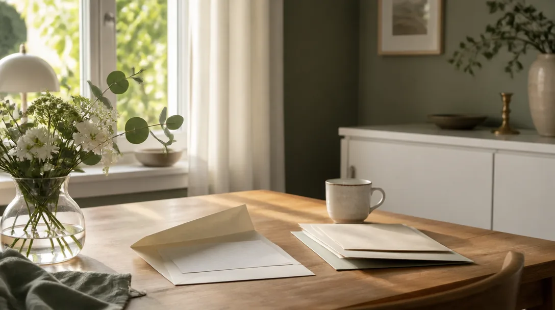 Enkelt hemmakontor med brev och dokument i varmt ljus, sage-gröna toner