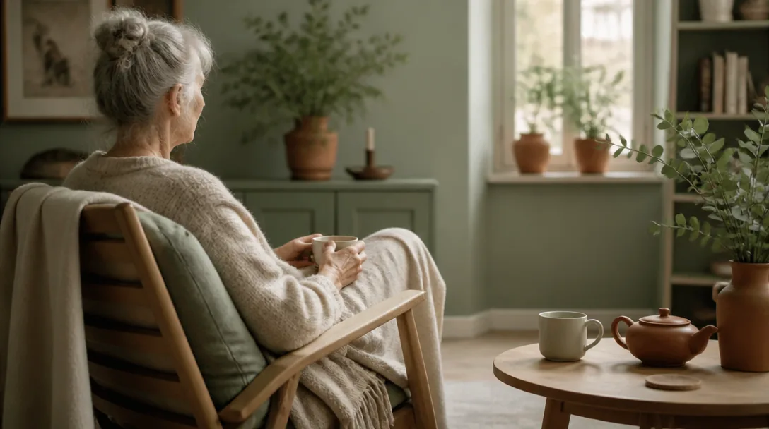 Lugn äldre person i ett varmt hem med en kopp te, symbol för trygghet och pensionsekonomi