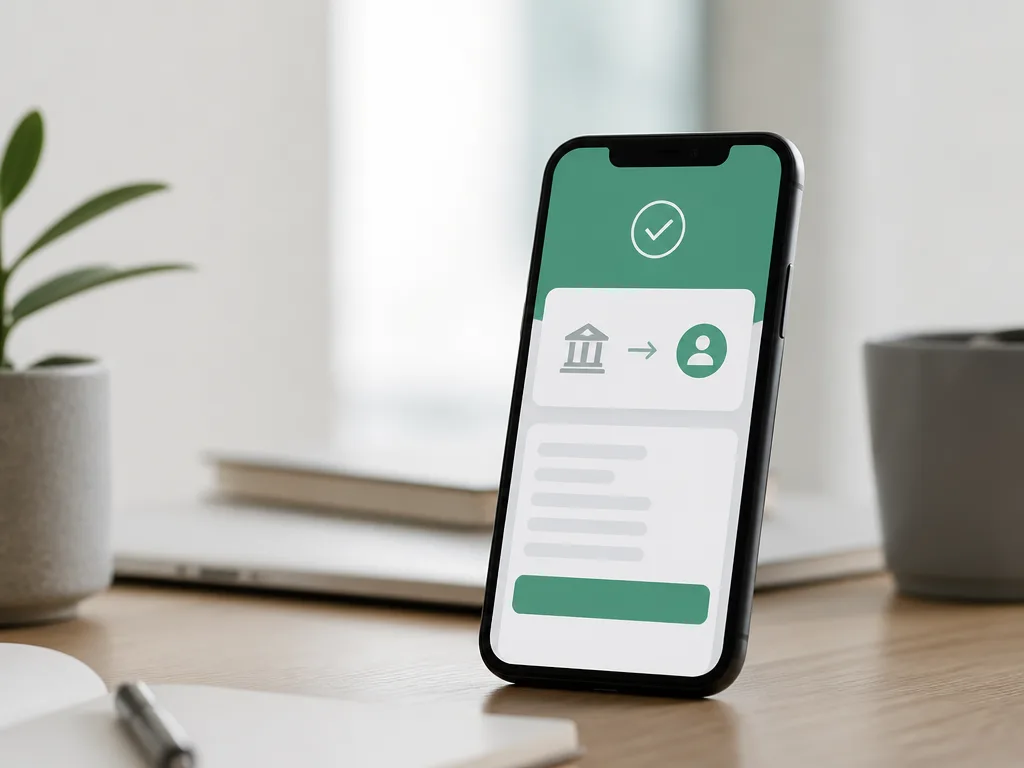 Smartphone med bankapp som visar en genomförd överföring – symbolbild för snabblån med direkt utbetalning