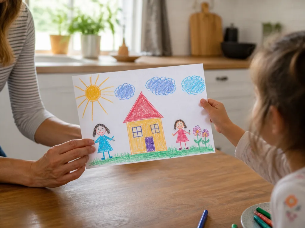 Förälder och barn vid ett köksbord i varmt morgonljus – symbol för underhållsstöd och familjeekonomi efter en separation